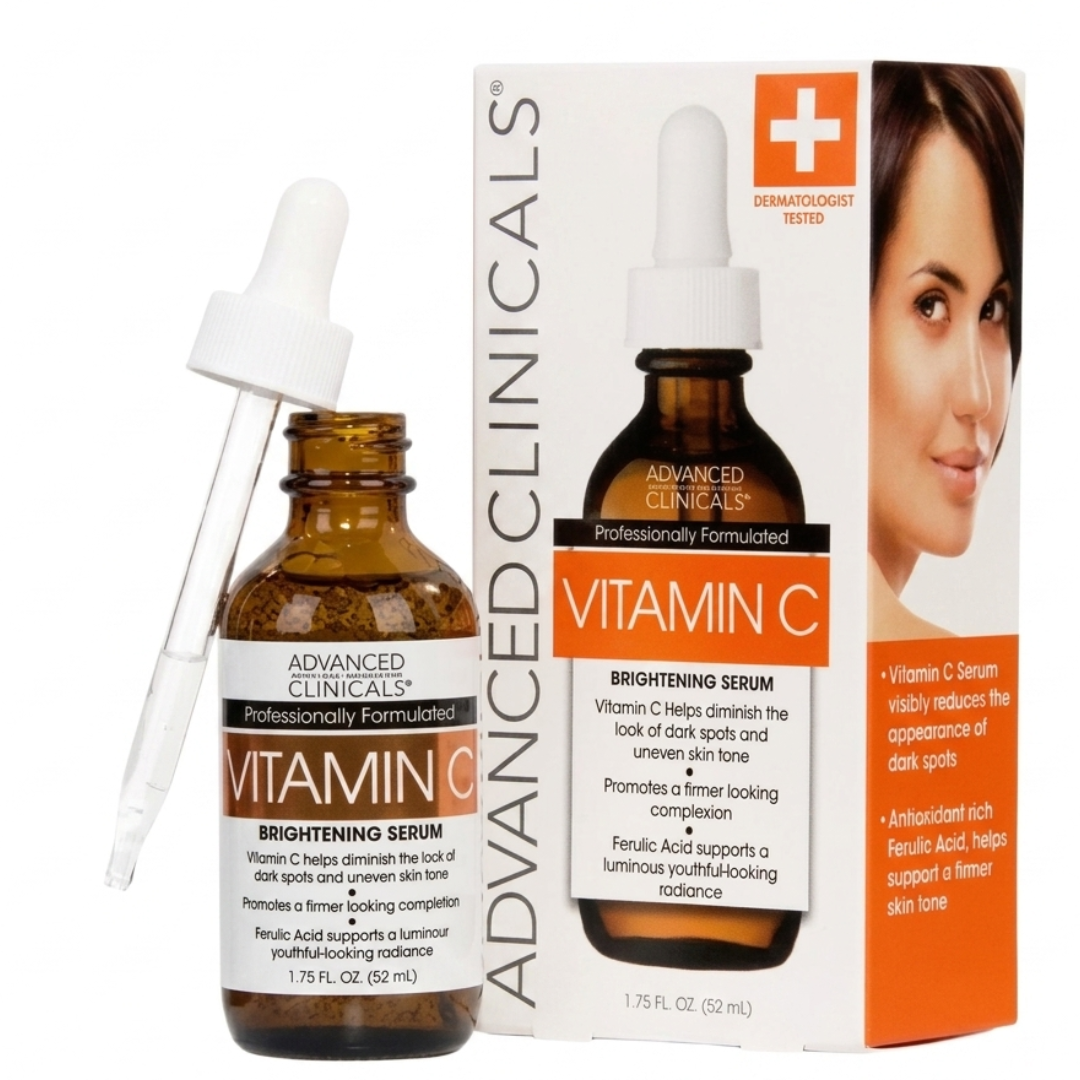 Advanced Clinicals Vitamin C Brightening Serum – Vitamin C + Ferulic Acid + Glycolic Acid | Anti-Aging & Dark Spot Correcting Serum | Cosmetic Najm salalah