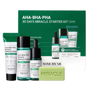 مجموعة Some By Mi Miracle Starter Kit لمدة 30 يومًا - روتين من 4 خطوات AHA BHA PHA للبشرة المعرضة لحب الشباب | شجرة الشاي + السنتيلا | حجم مناسب للسفر | كوزمتك نجم صلاله