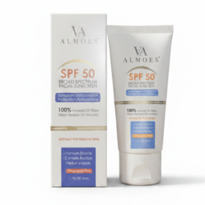 واقي الشمس للوجه ALMOES SPF 50 واسع الطيف - واقي شمس معدني مع نياسيناميد للبشرة الحساسة | فلاتر معدنية 100% | كوزمتك نجم صلاله