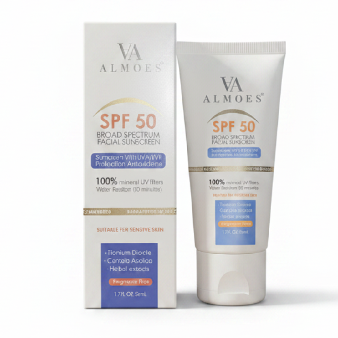 واقي الشمس للوجه ALMOES SPF 50 واسع الطيف - واقي شمس معدني مع نياسيناميد للبشرة الحساسة | فلاتر معدنية 100% | كوزمتك نجم صلاله