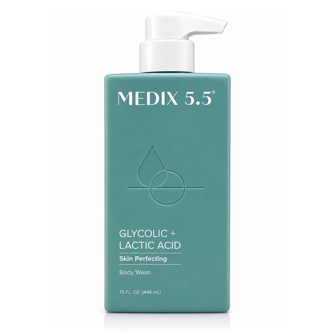 غسول الجسم بمُقشرات الجليكوليك واللاكتيك أسيد من ميديكس 5.5 (Medix 5.5 Glycolic + Lactic Acid Skin Perfecting Body Wash - 444 ml)