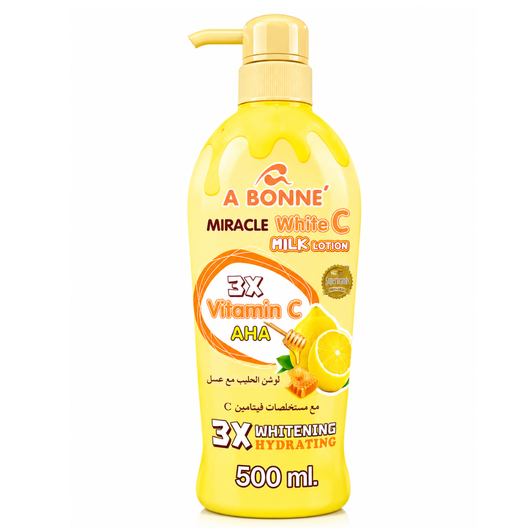لوشن الحليب والعسل مع فيتامين C وأحماض الفواكه لتفتيح وترطيب البشرة من أي بونيه (A Bonne' Miracle White C Milk Lotion with Honey, Vitamin C & AHA) 500 مل
